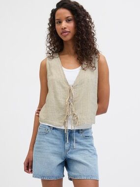 JJXX Linen Blend Pinstripe Tie Front Vest Tank Top Cream Small